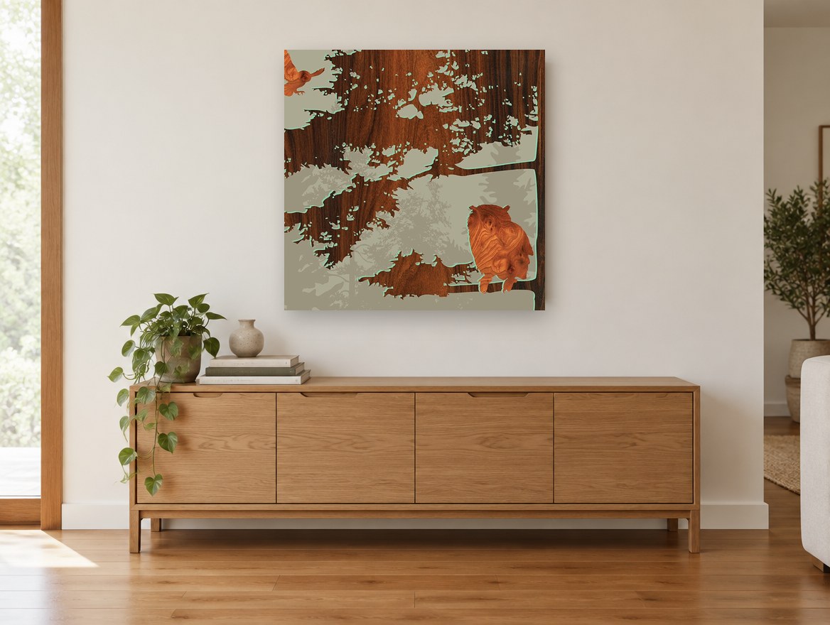 Owl in the Woodgrain floral canvas print on the wall of a living room above a sideboard