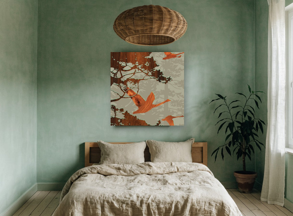 Geese in Walnut Grain floral canvas print on the wall of a bedroom