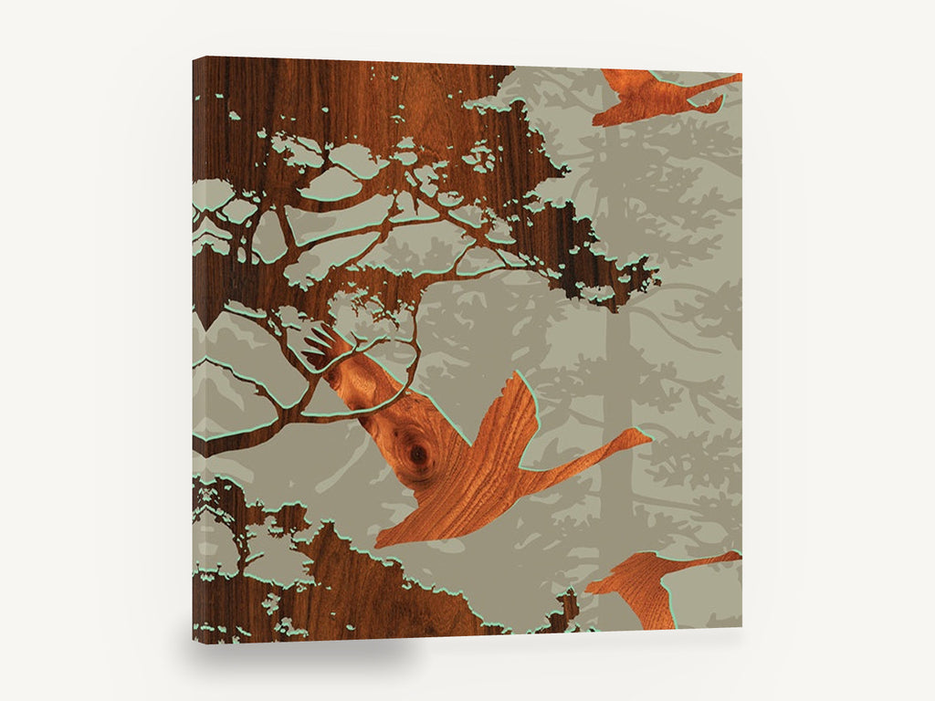 Geese in Walnut Grain, flying geese wood grain silhouette art, floral canvas wall art print ready to hang