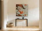 Geese in Walnut Grain floral canvas print on the wall of a hallway