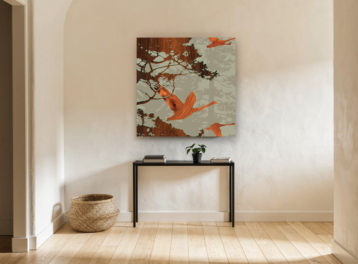 Geese in Walnut Grain floral canvas print on the wall of a hallway