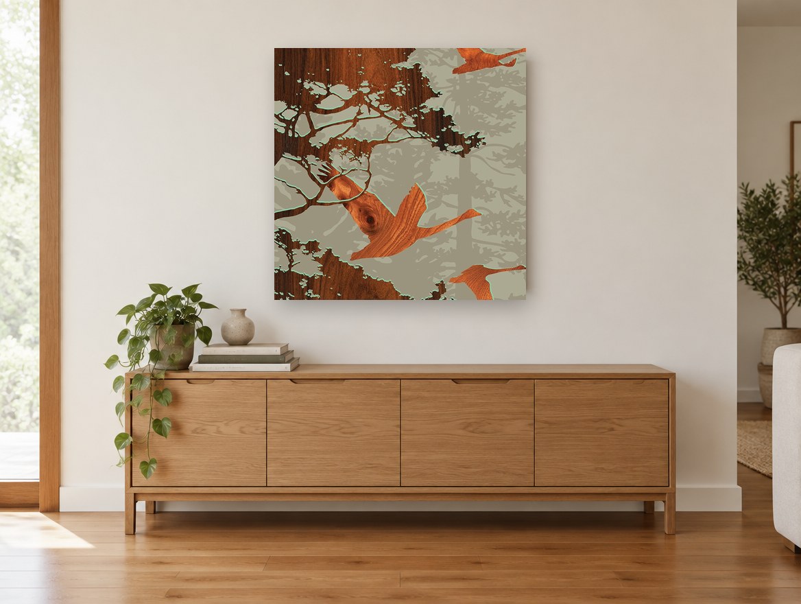 Geese in Walnut Grain floral canvas print on the wall of a living room above a sideboard