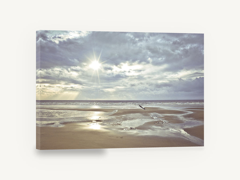 Low Tide Sunburst, low tide beach sunburst photograph, coastal canvas wall art print ready to hang