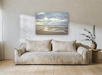 Low Tide Sunburst coastal canvas print on the wall of a living room