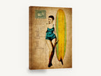 Surfer Girl Postcard, retro pinup surfer girl postcard, stretched canvas wall art print ready to hang
