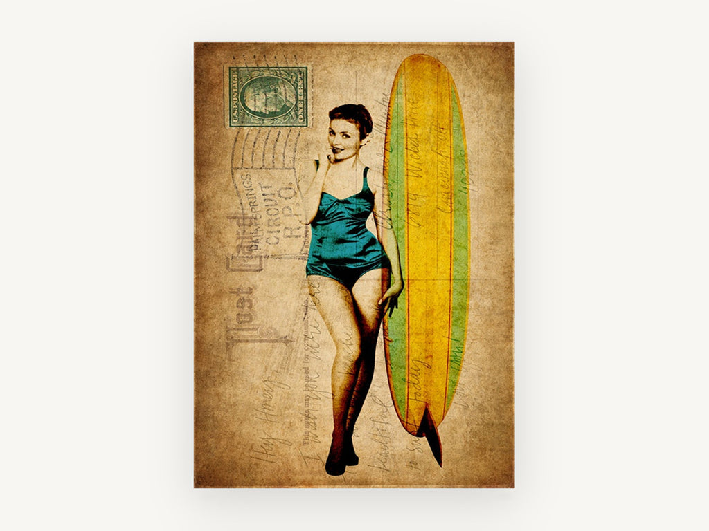 Surfer Girl Postcard, vintage canvas wall art print, front view