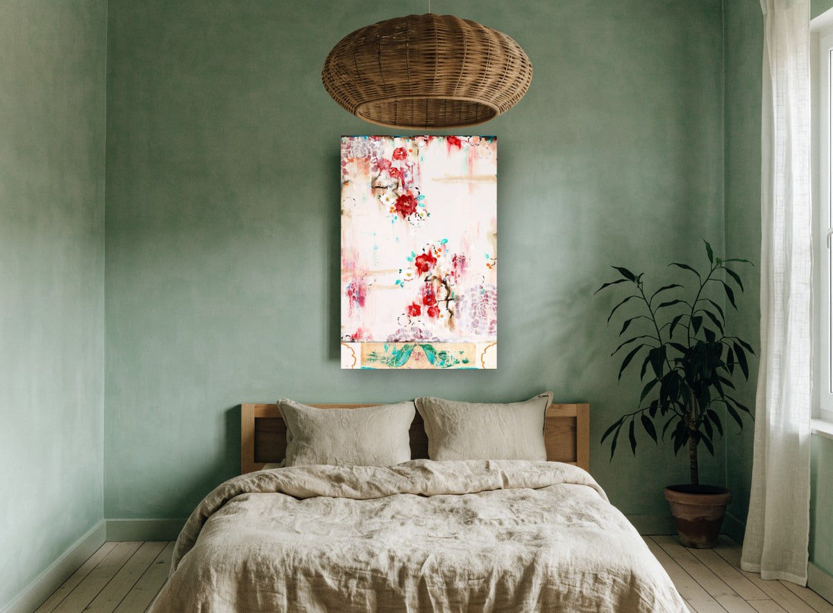 Crimson Blossom Drift floral canvas print on the wall of a bedroom