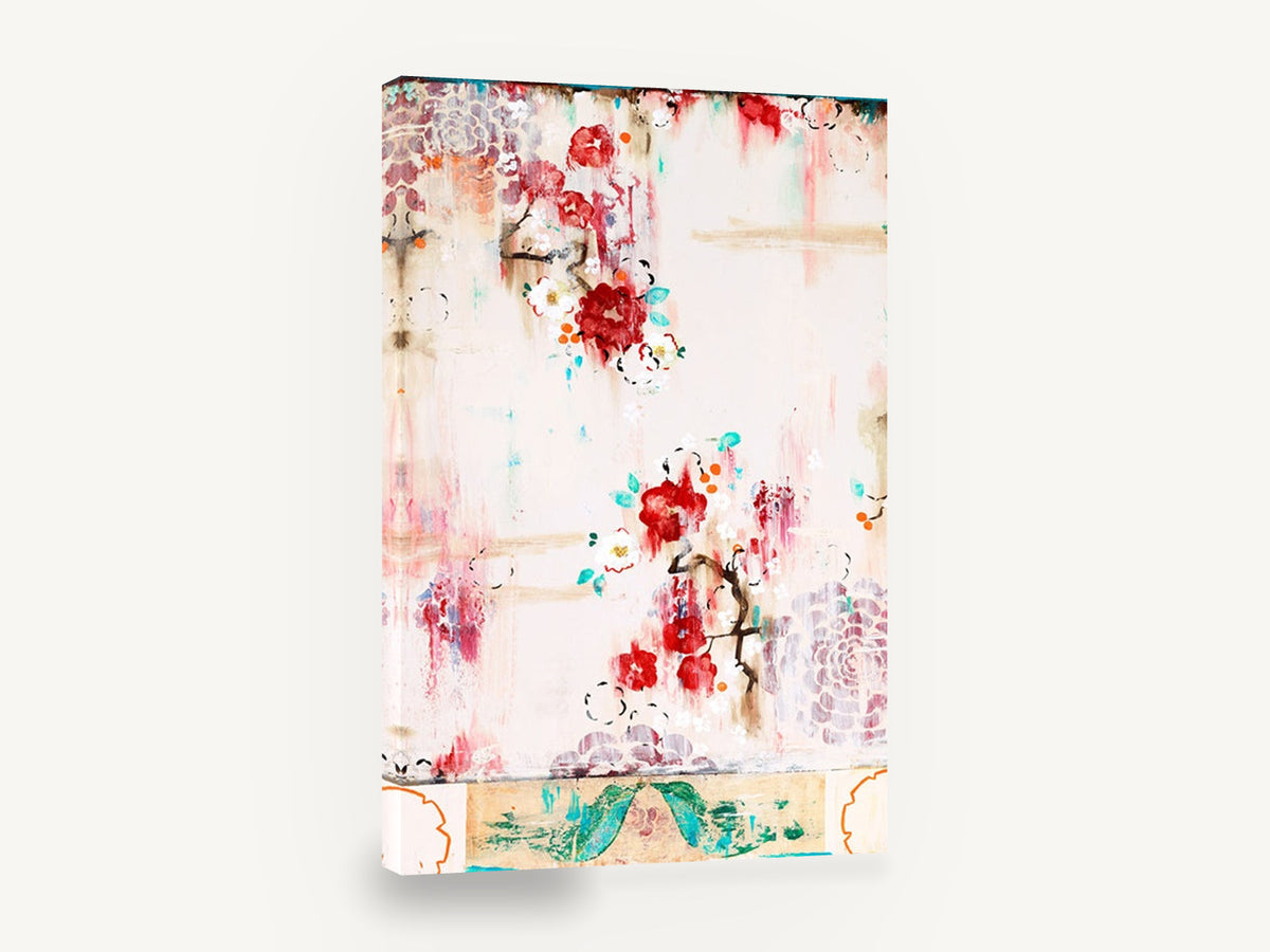Crimson Blossom Drift, red blossom branch contemporary floral, floral canvas wall art print ready to hang