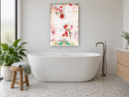Crimson Blossom Drift floral canvas print on the wall of a bathroom