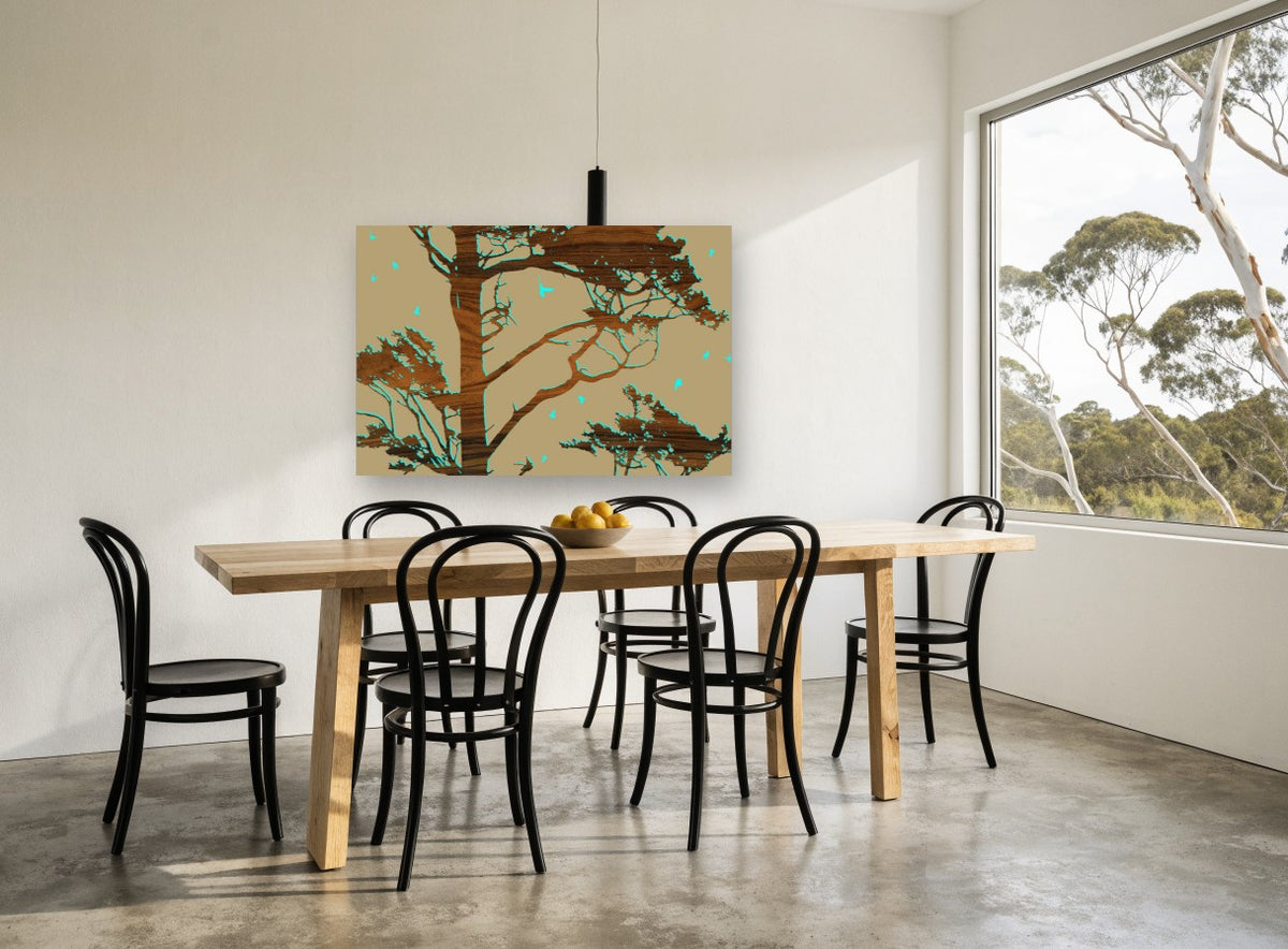 Wood Grain Cypress Silhouette floral canvas print on the wall of a dining room