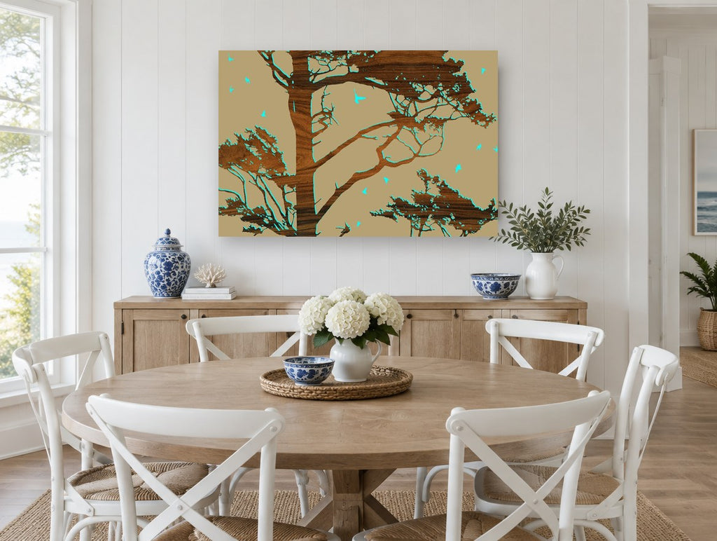 Wood Grain Cypress Silhouette floral canvas print on the wall of a Hamptons dining room