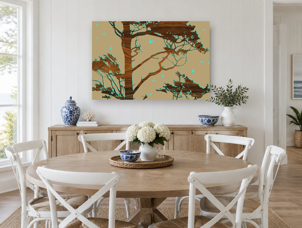 Wood Grain Cypress Silhouette floral canvas print on the wall of a Hamptons dining room