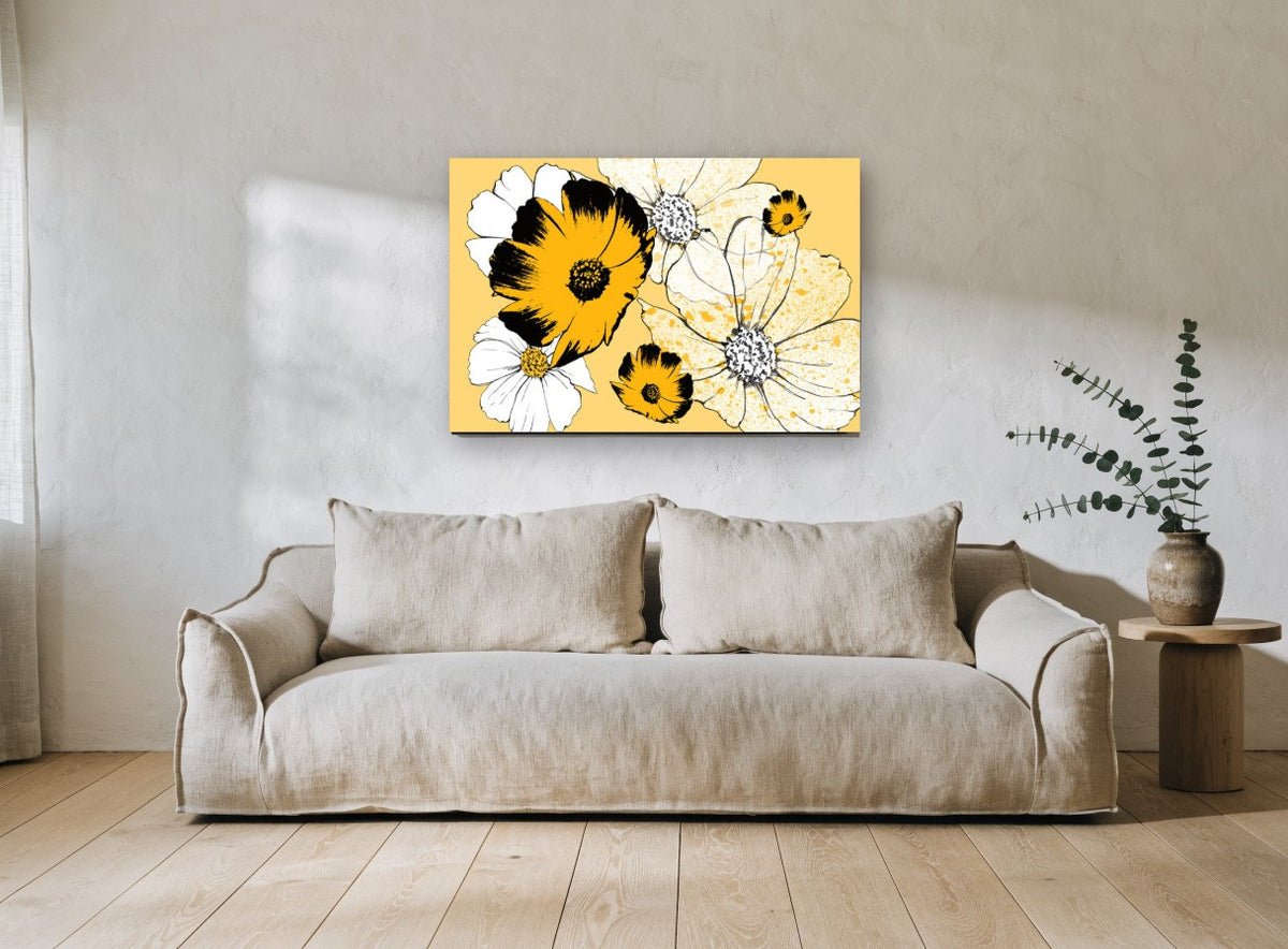 Golden Cosmos Contrast floral canvas print on the wall of a living room