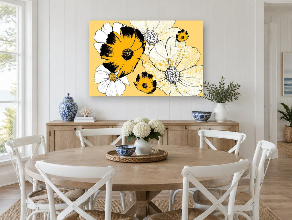 Golden Cosmos Contrast floral canvas print on the wall of a Hamptons dining room