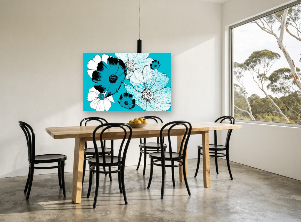 Turquoise Cosmos Bloom floral canvas print on the wall of a dining room