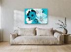 Turquoise Cosmos Bloom floral canvas print on the wall of a living room