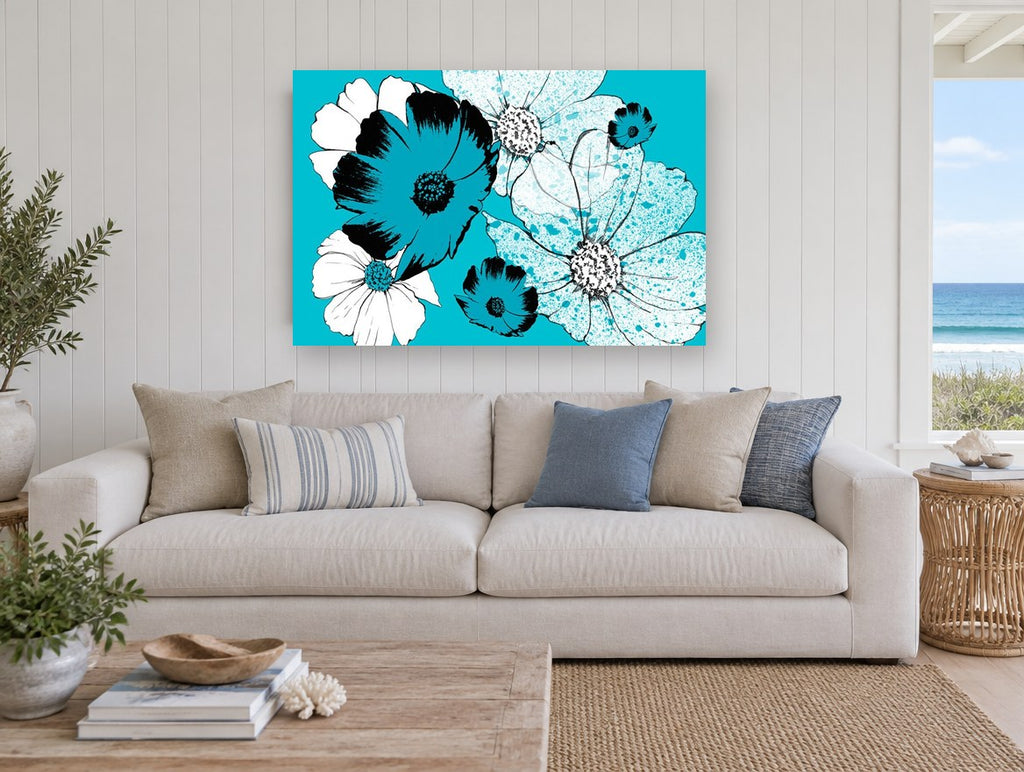 Turquoise Cosmos Bloom floral canvas print on the wall of a beach house living room