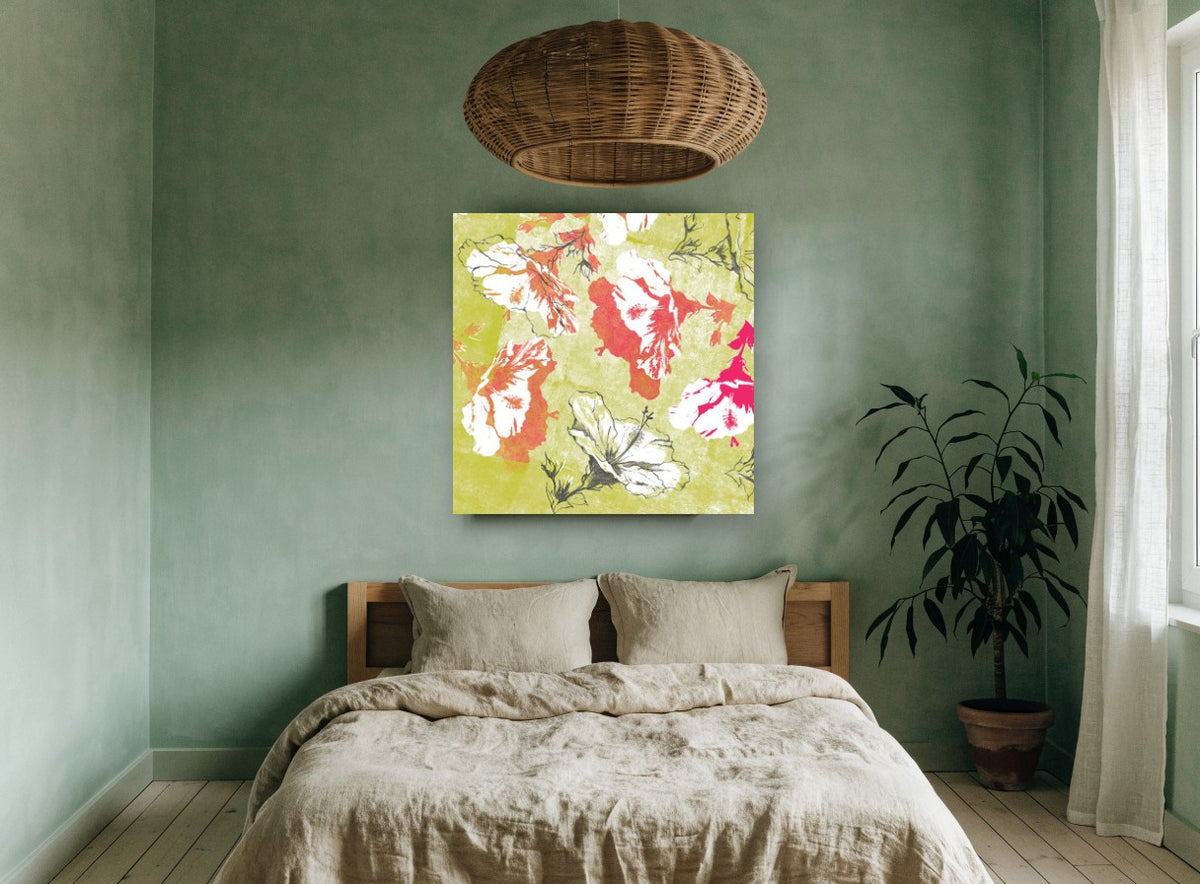 Chartreuse Hibiscus Collage floral canvas print on the wall of a bedroom