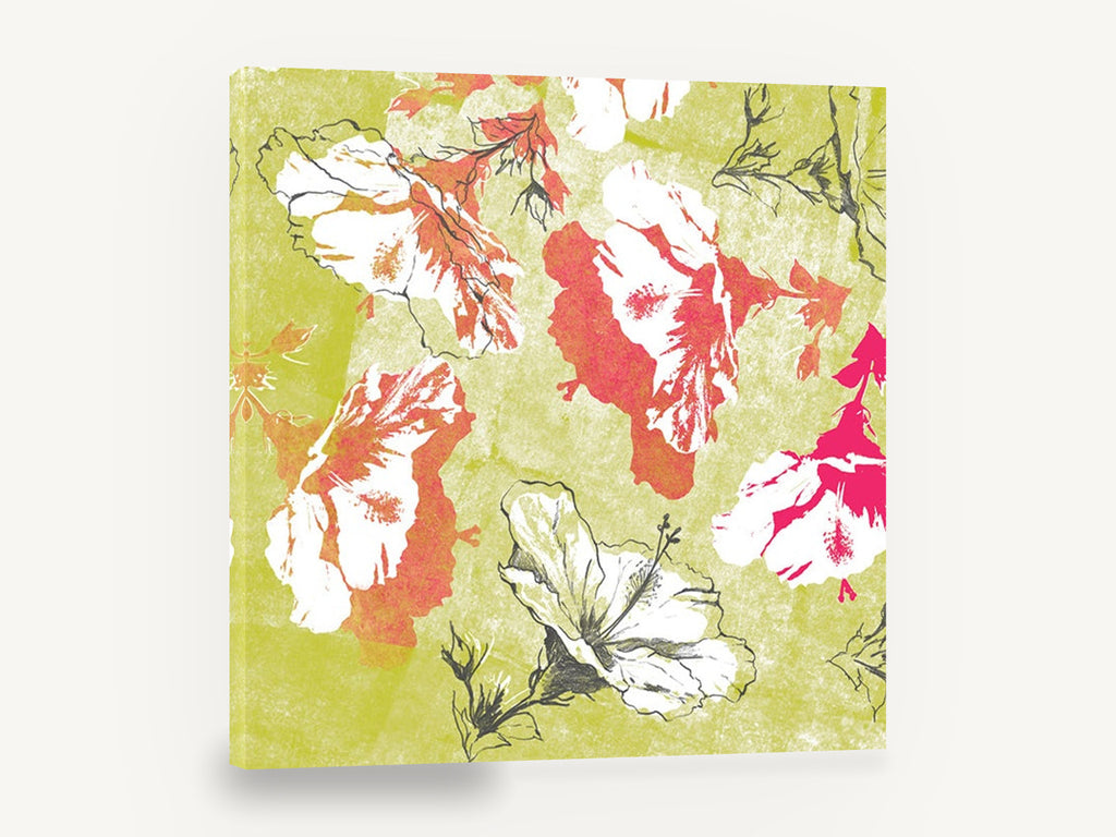 Chartreuse Hibiscus Collage, hibiscus flowers graphic floral collage, floral canvas wall art print ready to hang