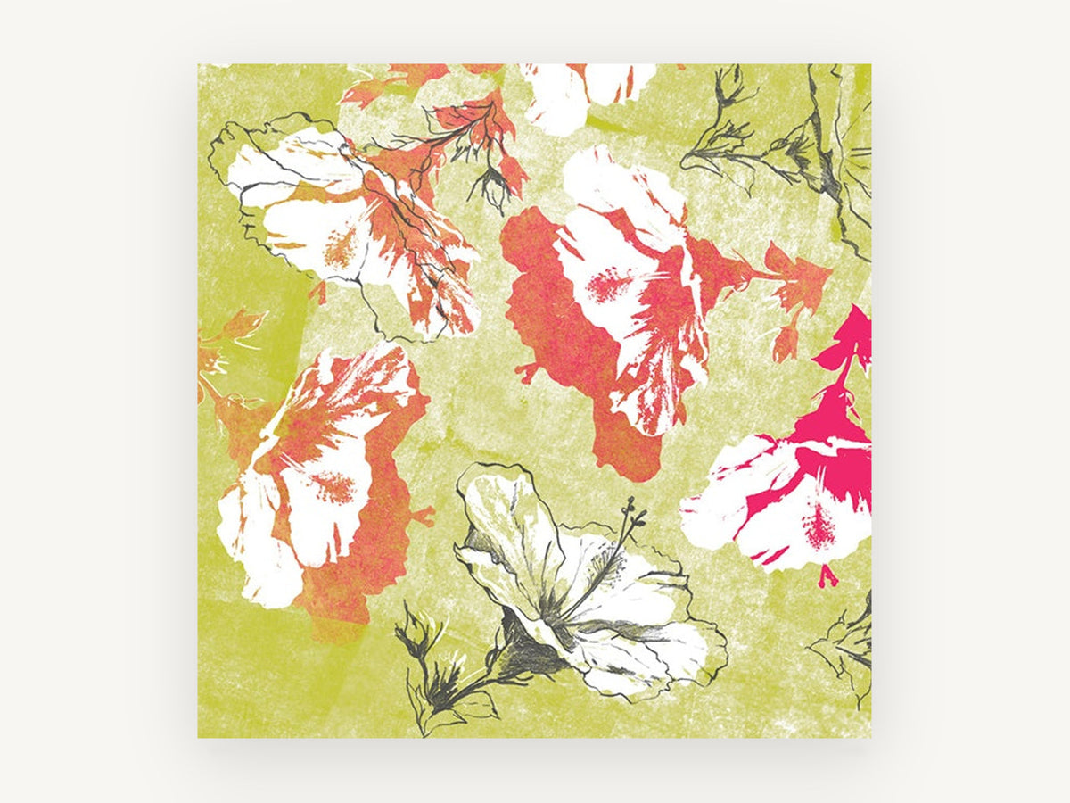 Chartreuse Hibiscus Collage, floral canvas wall art print, front view
