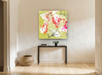 Chartreuse Hibiscus Collage floral canvas print on the wall of a hallway