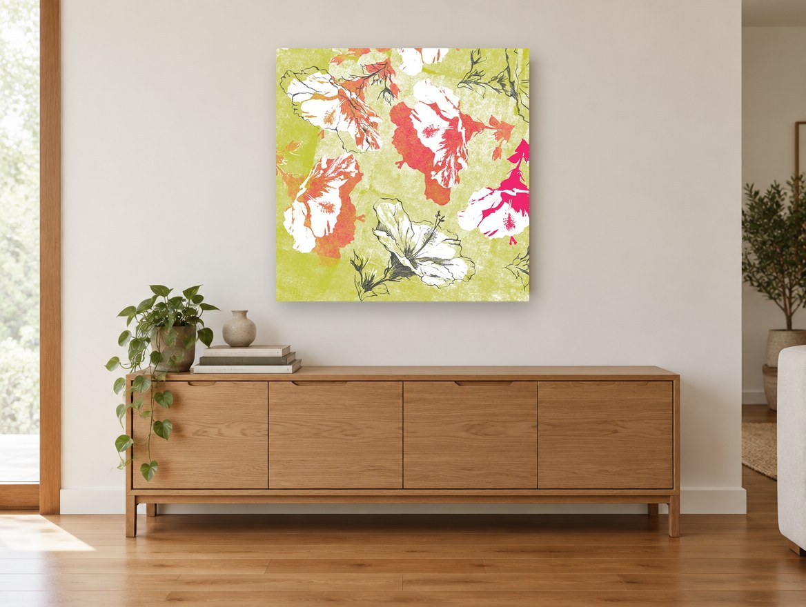 Chartreuse Hibiscus Collage floral canvas print on the wall of a living room above a sideboard