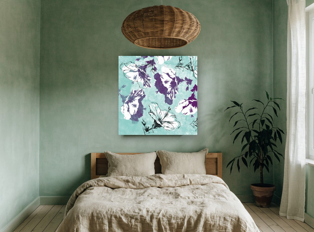 Plum Hibiscus on Aqua floral canvas print on the wall of a bedroom