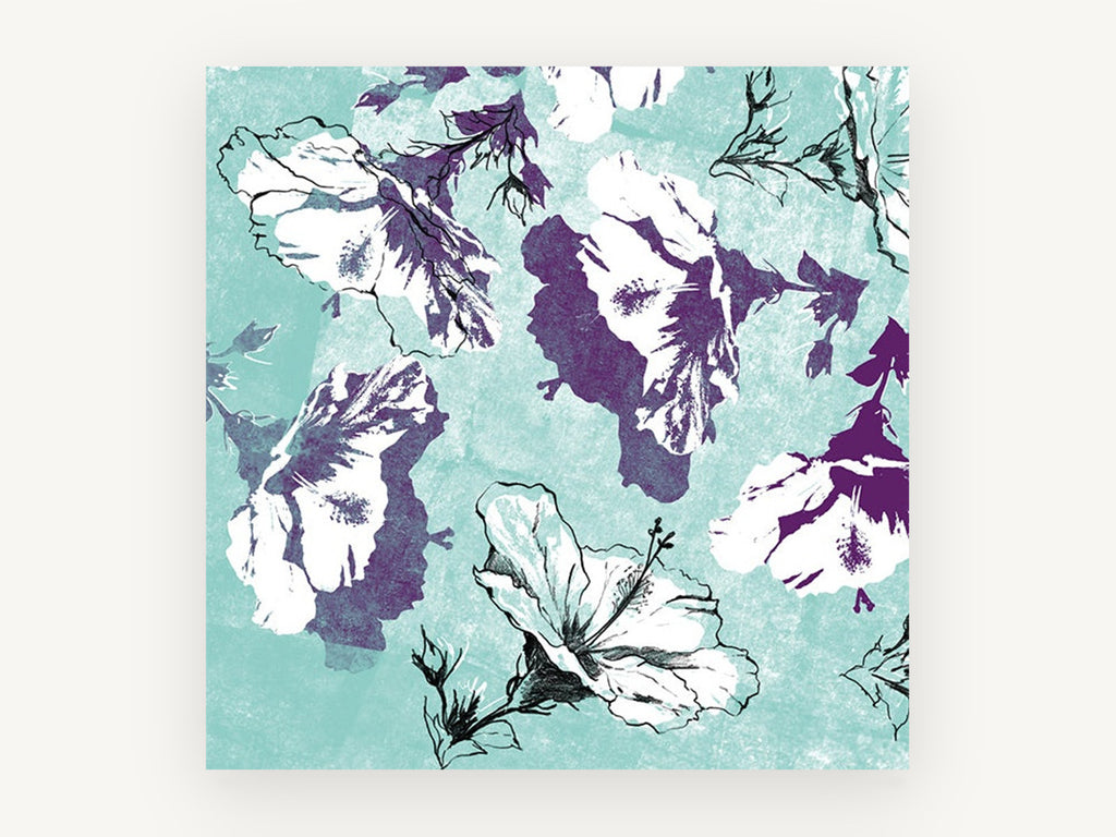 Plum Hibiscus on Aqua, floral canvas wall art print, front view