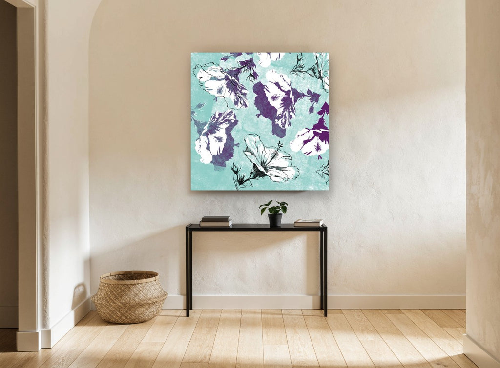 Plum Hibiscus on Aqua floral canvas print on the wall of a hallway