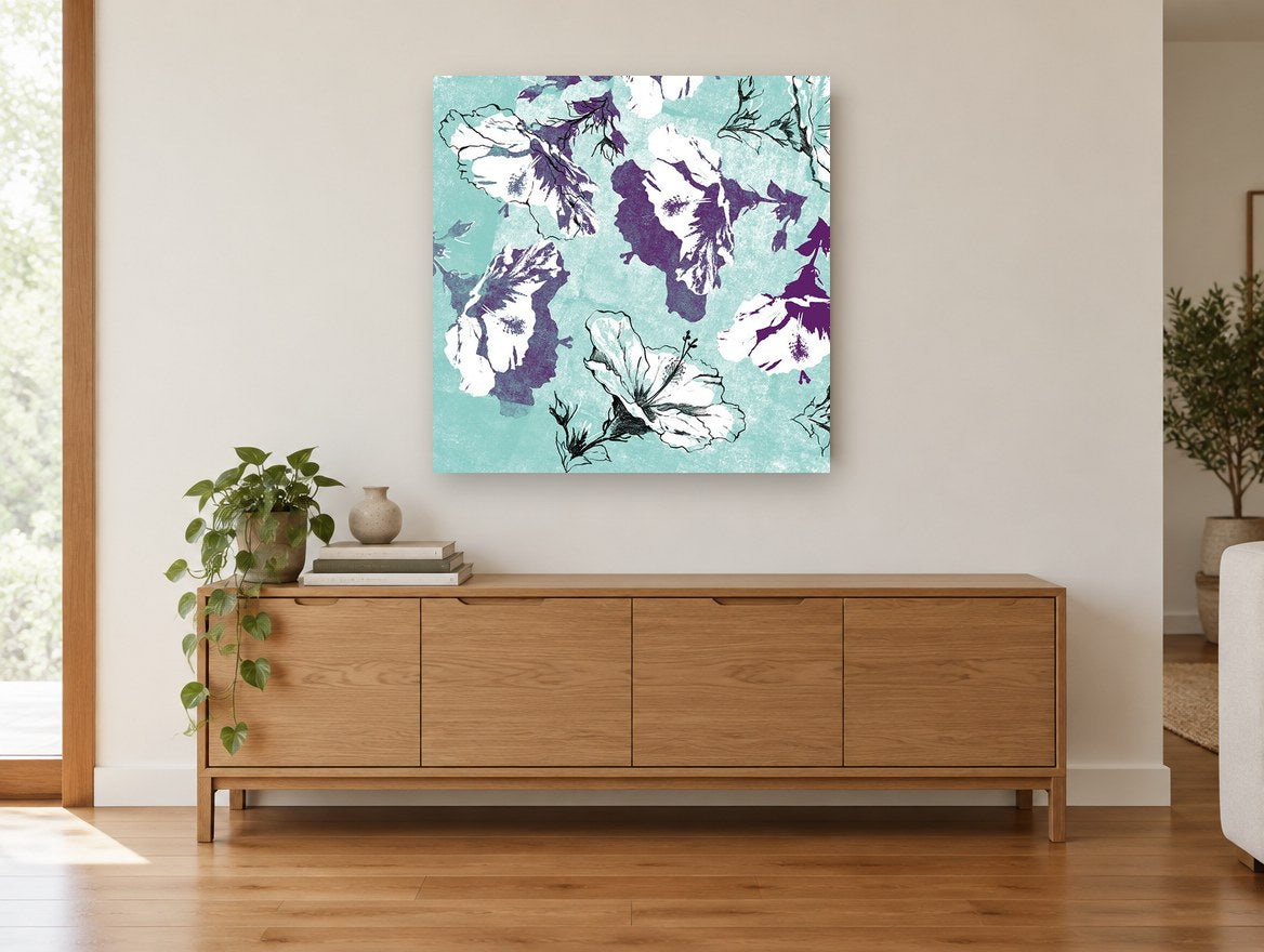 Plum Hibiscus on Aqua floral canvas print on the wall of a living room above a sideboard
