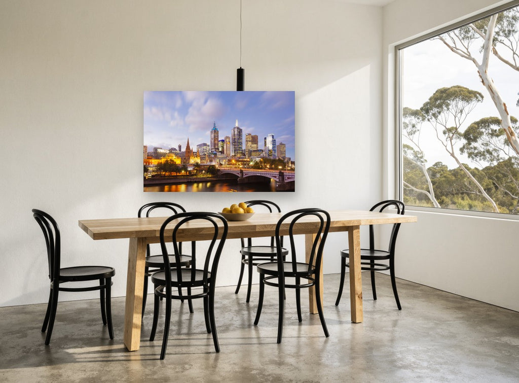 Yarra Dusk Crossing city canvas print on the wall of a dining room