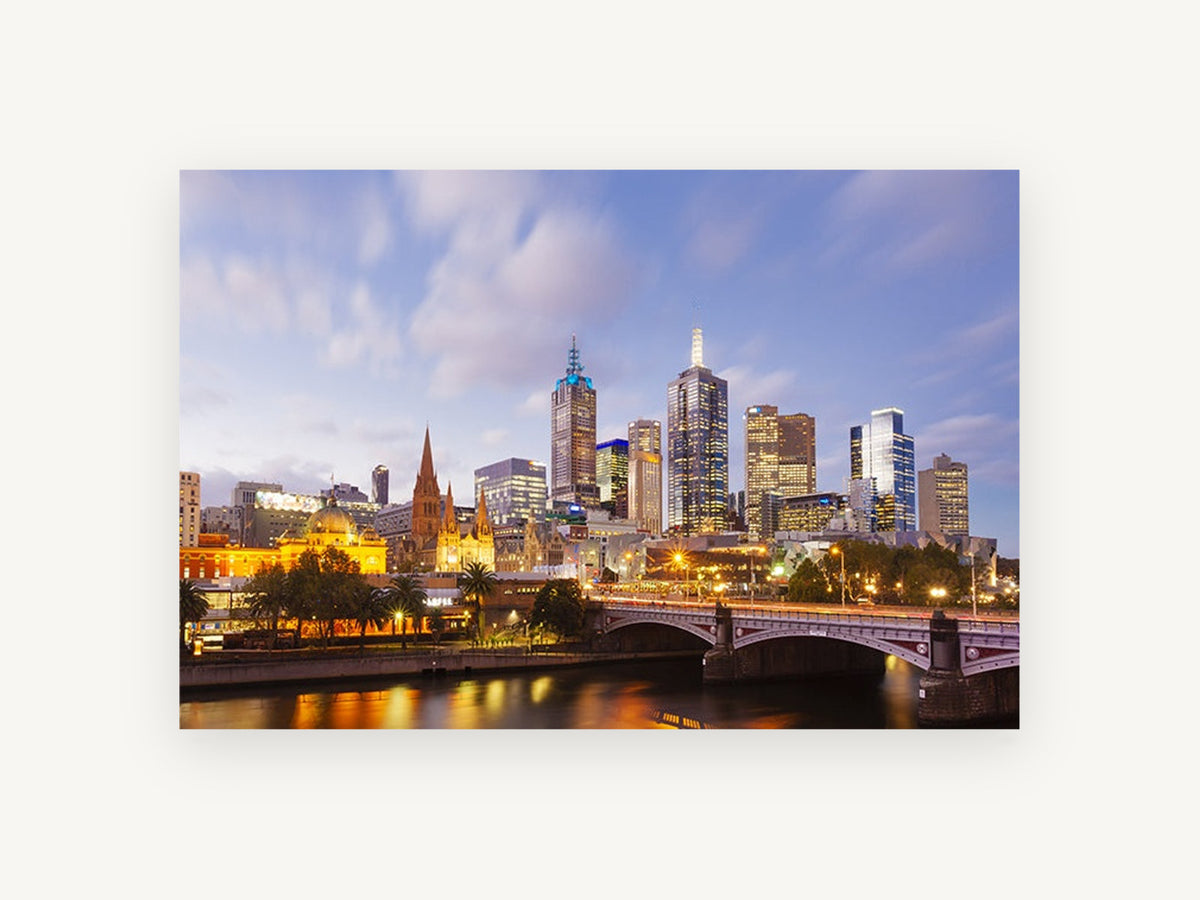 Yarra Dusk Crossing, melbourne skyline yarra river dusk, city canvas wall art print, front view