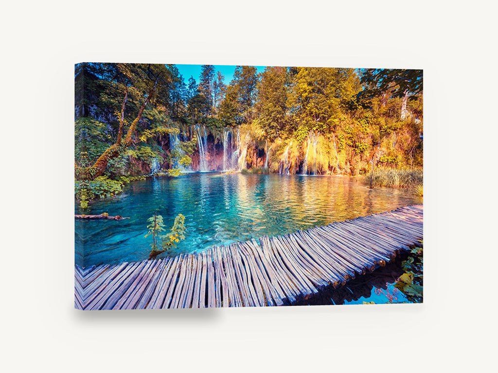 Turquoise Boardwalk Falls, turquoise lake boardwalk waterfalls photograph, landscape canvas wall art print ready to hang