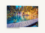 Turquoise Boardwalk Falls, turquoise lake boardwalk waterfalls photograph, landscape canvas wall art print ready to hang
