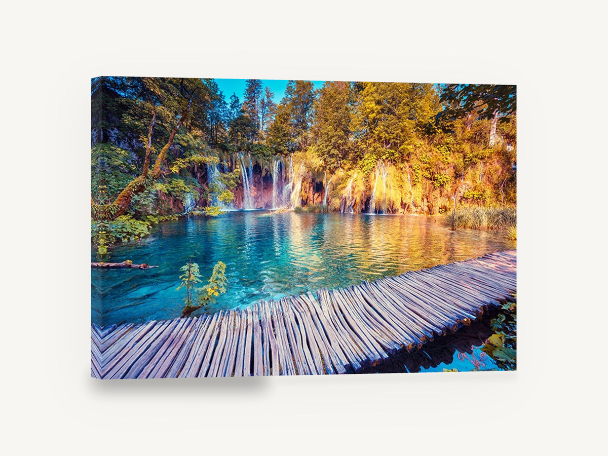 Turquoise Boardwalk Falls, turquoise lake boardwalk waterfalls photograph, landscape canvas wall art print ready to hang