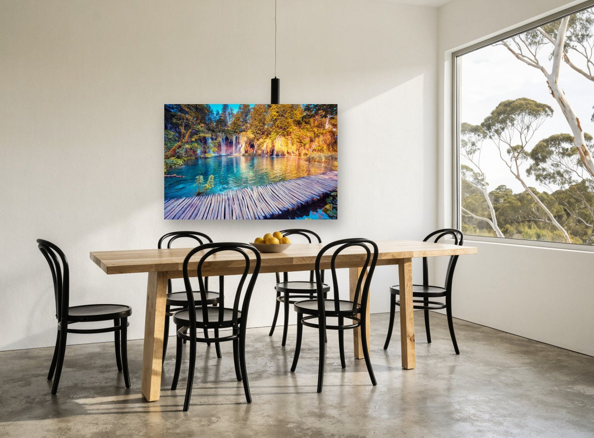 Turquoise Boardwalk Falls landscape canvas print on the wall of a dining room