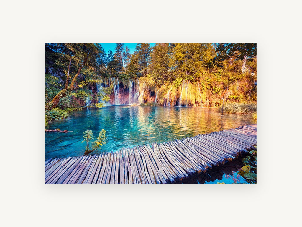 Turquoise Boardwalk Falls, turquoise lake boardwalk waterfalls photograph, landscape canvas wall art print, front view