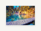 Turquoise Boardwalk Falls, turquoise lake boardwalk waterfalls photograph, landscape canvas wall art print, front view