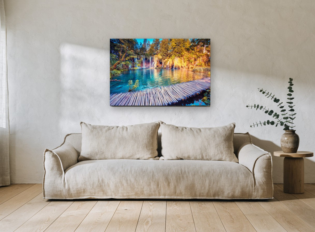 Turquoise Boardwalk Falls landscape canvas print on the wall of a living room