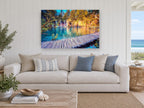 Turquoise Boardwalk Falls landscape canvas print on the wall of a beach house living room