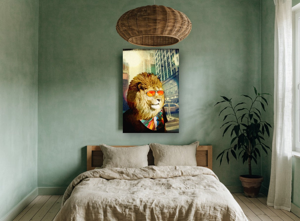 Lion in Orange Shades animal canvas print on the wall of a bedroom