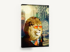 Lion in Orange Shades, lion in sunglasses city collage, animal canvas wall art print ready to hang