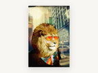 Lion in Orange Shades, lion in sunglasses city collage, animal canvas wall art print, front view