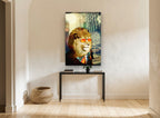 Lion in Orange Shades animal canvas print on the wall of a hallway