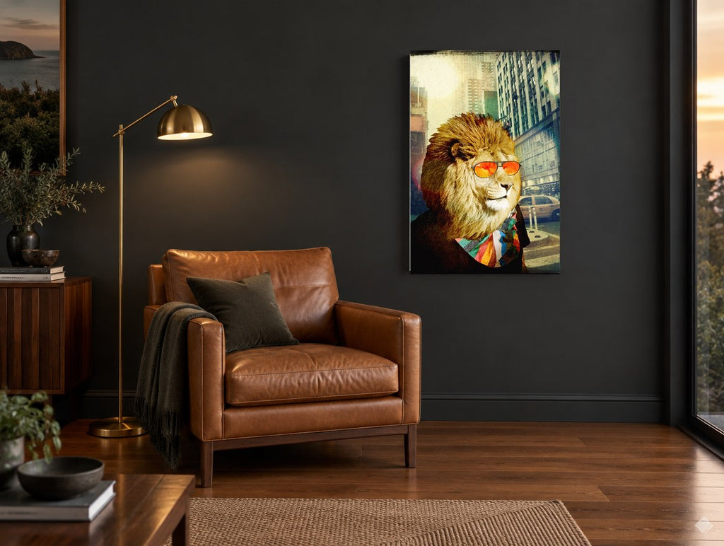Lion in Orange Shades animal canvas print on the wall of a charcoal living room