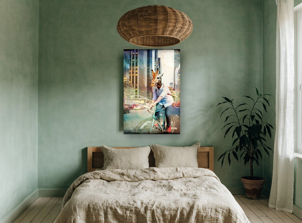 Giraffe Commuter animal canvas print on the wall of a bedroom