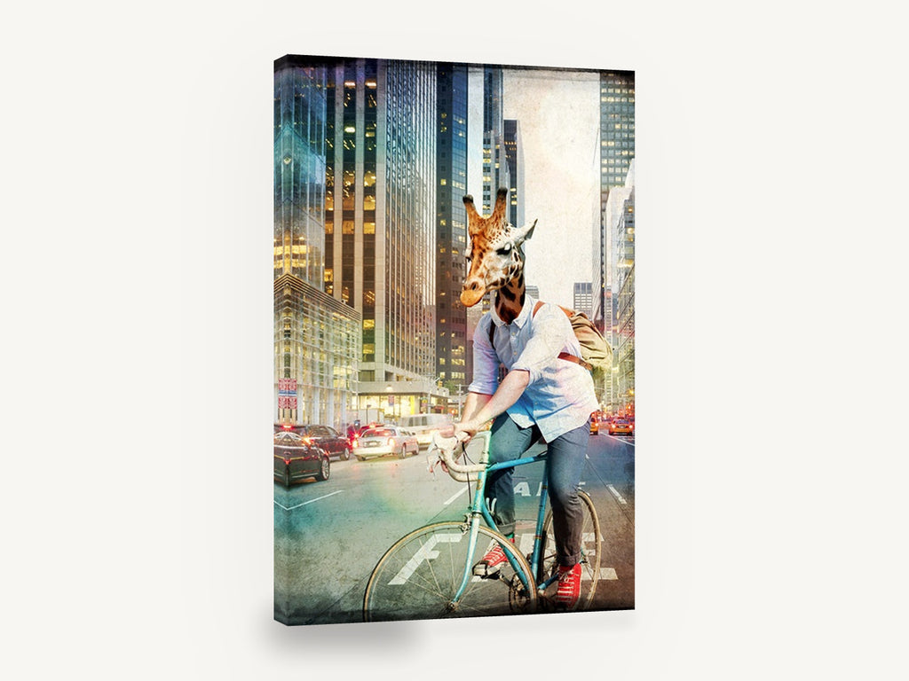 Giraffe Commuter, giraffe cycling city street artwork, animal canvas wall art print ready to hang