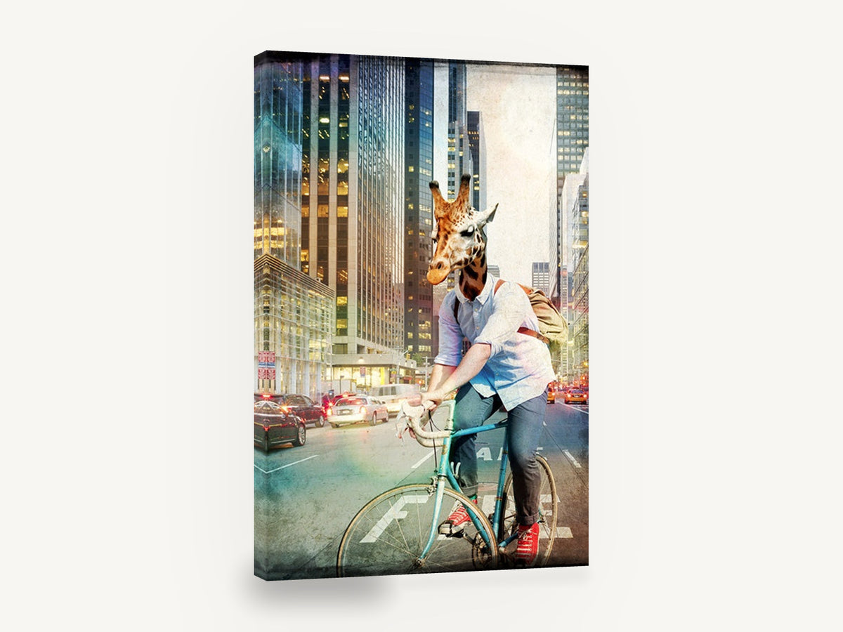 Giraffe Commuter, giraffe cycling city street artwork, animal canvas wall art print ready to hang