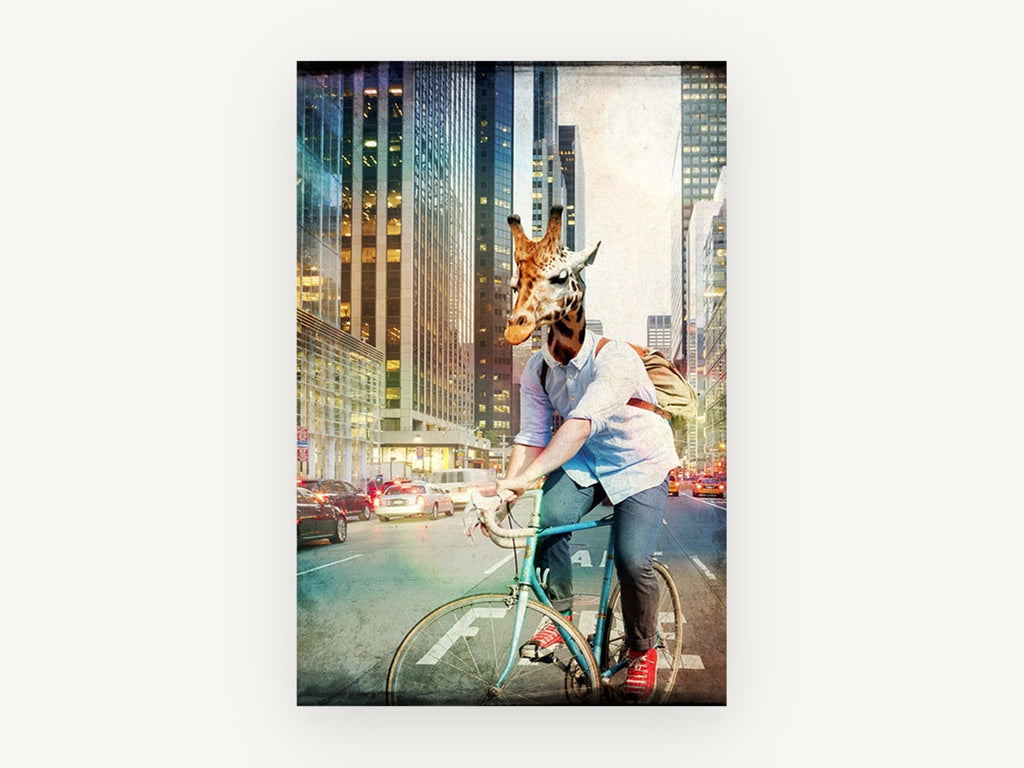 Giraffe Commuter, giraffe cycling city street artwork, animal canvas wall art print, front view