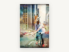 Giraffe Commuter, giraffe cycling city street artwork, animal canvas wall art print, front view